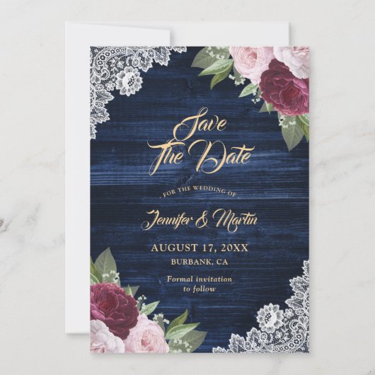 Save The Date Mariage bleu bleu Bourgogne de la marine photo (Dos)