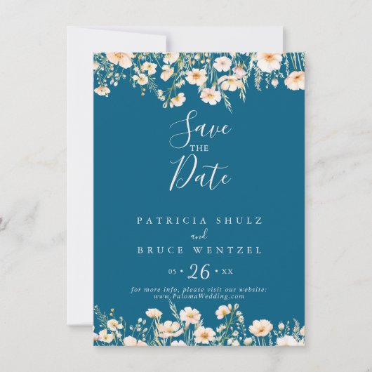 Save The Date Mariage Bleu Boho classique Fleur sauvage (Devant)