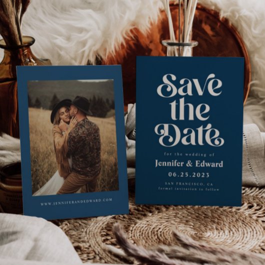 Save The Date Mariage bleu de la marine rétro