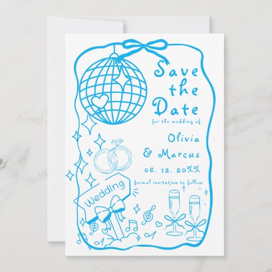 Save The Date Mariage bleu Doodle à main lunaire (Devant)