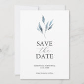 Save The Date Mariage bleu Dusty Annonces Feuilles d'aquarelle (Devant)