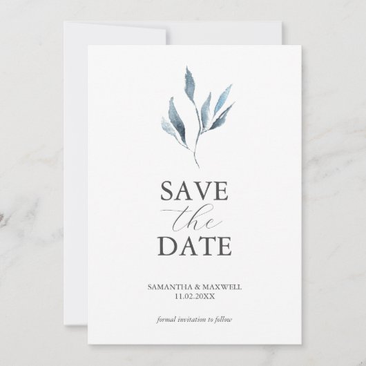 Save The Date Mariage bleu Dusty Annonces Feuilles d'aquarelle (Devant)