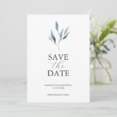 Save The Date Mariage bleu Dusty Annonces Feuilles d'aquarelle (Debout devant)