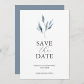 Save The Date Mariage bleu Dusty Annonces Feuilles d'aquarelle (Devant / Derrière)