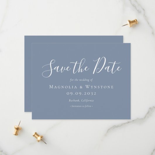 Save The Date Mariage bleu Dusty moderne Enregistrer la date (Devant/Arrière en situation)
