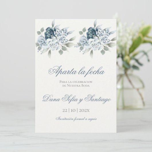 Save The Date Mariage bleu espagnol Enregistrer la date (Debout devant)