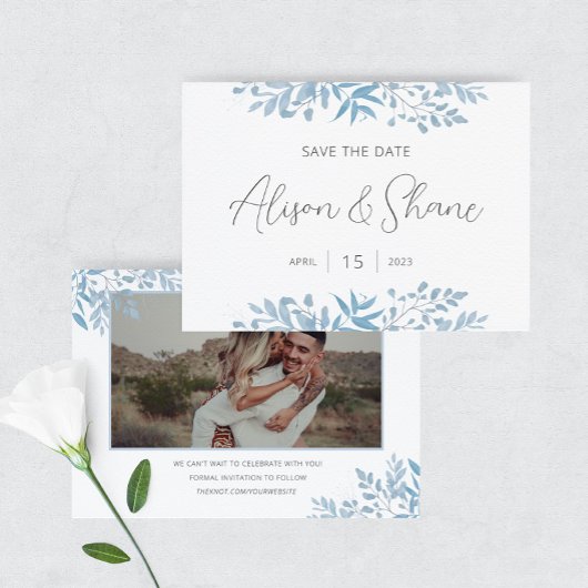 Save The Date Mariage bleu Eucalyptus Gras Texte et photo