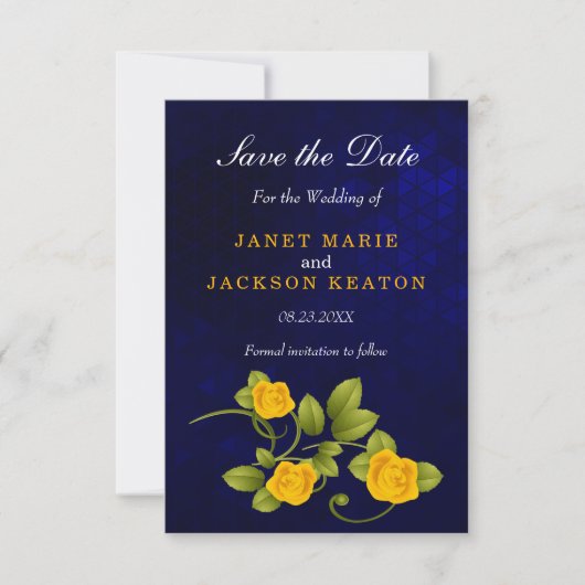 Save The Date Mariage bleu foncé et marigold jaune rose (Devant)