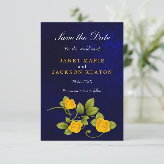 Save The Date Mariage bleu foncé et marigold jaune rose (Debout devant)
