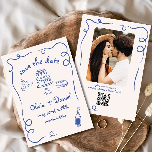 Save The Date Mariage bleu funky fantaisiste dessiné à la main