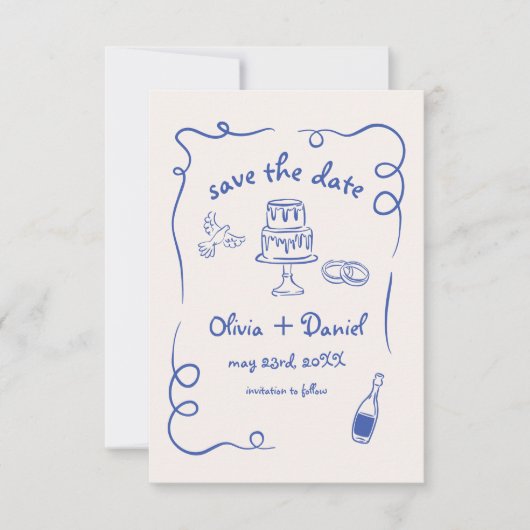 Save The Date Mariage bleu funky fantaisiste dessiné à la main p (Devant)