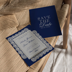 Save The Date Mariage bleu marine en dentelle vintage à l'ancien