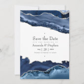 Save The Date Mariage Bleu Marine et Agate Argentée (Devant)