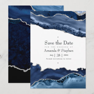 Save The Date Mariage Bleu Marine et Agate Argentée
