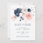 Save The Date Mariage bleu marine et rose pâle (Devant)