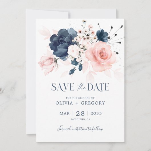 Save The Date Mariage bleu marine et rose pâle (Devant)