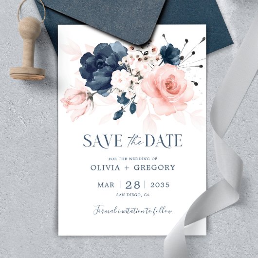 Save The Date Mariage bleu marine et rose pâle
