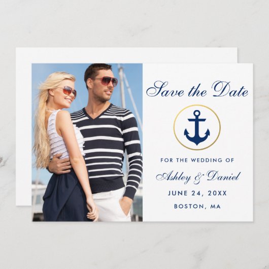 Save The Date Mariage Bleu Nautique Enregistrer La Date Photo W (Devant / Derrière)