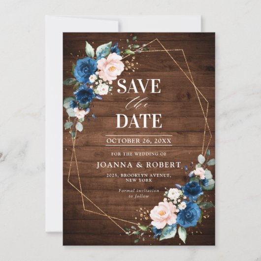 Save The Date Mariage Bleu Nuit Blush Bois Rustique Géométrique (Devant)