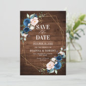 Save The Date Mariage Bleu Nuit Blush Bois Rustique Géométrique (Debout devant)