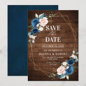 Save The Date Mariage Bleu Nuit Blush Bois Rustique Géométrique (Devant / Derrière)