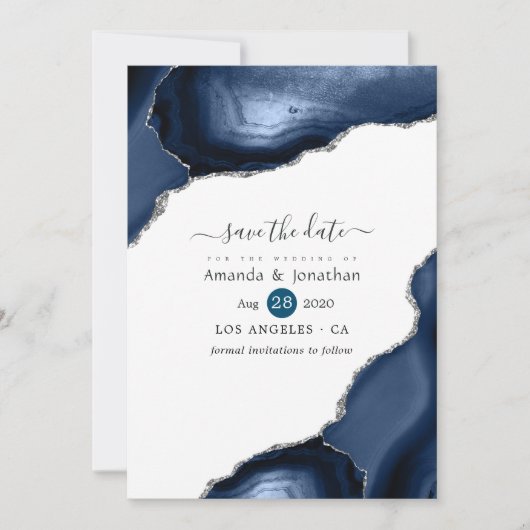 Save The Date Mariage Bleu Nuit et Agate Argent (Devant)