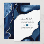 Save The Date Mariage Bleu Nuit et Agate Argent (Devant / Derrière)