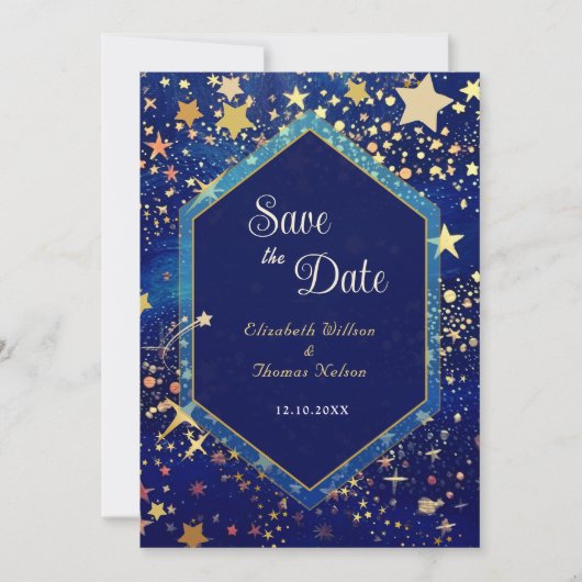 Save The Date Mariage bleu nuit étoile céleste (Devant)