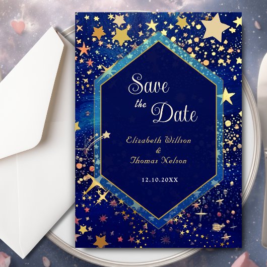 Save The Date Mariage bleu nuit étoile céleste