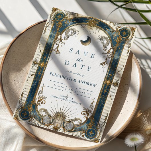 Save The Date Mariage Bleu Or Art Nouveau Céleste