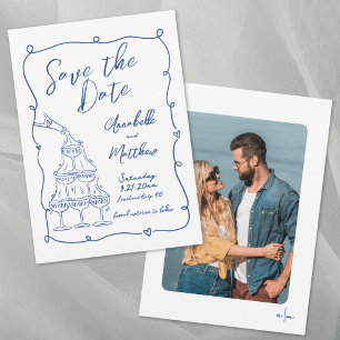 Save The Date Mariage Bleu Photo Dessiné à la Main Fantaisiste