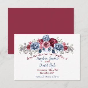 Save The Date Mariage Bleu Poussière et Bourgogne  Enregistrez l