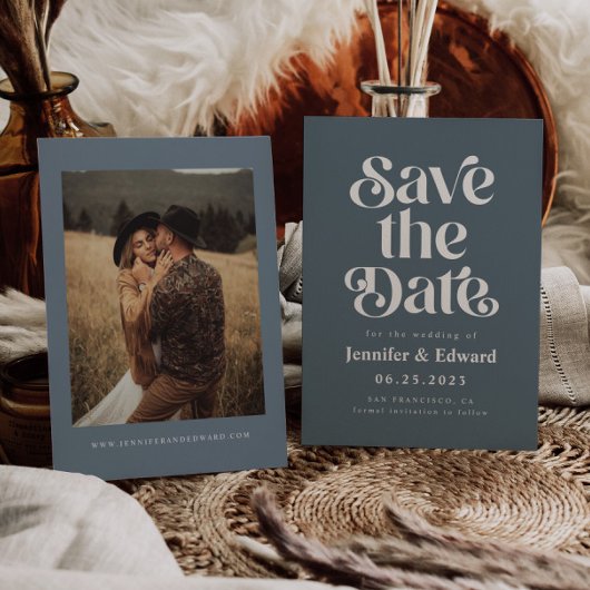 Save The Date Mariage bleu rétro