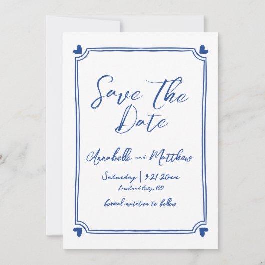 Save The Date Mariage bleu simple à main (Devant)