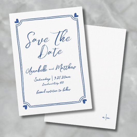 Save The Date Mariage bleu simple à main