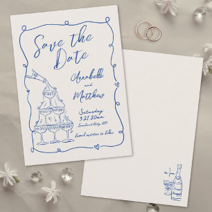 Save The Date Mariage Bleu Vintage Dessiné à la Main