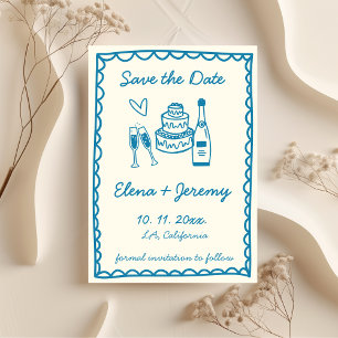 Save The Date Mariage bleu Vintage illustré à la main