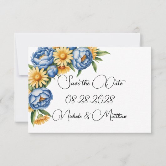 Save The Date Mariage Blue Peony et Yellow Daisy (Devant)