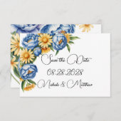 Save The Date Mariage Blue Peony et Yellow Daisy (Devant / Derrière)