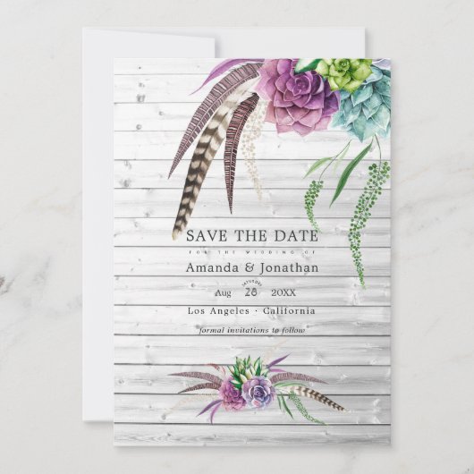 Save The Date Mariage bohème aux aquarelles mystiques de succule (Devant)