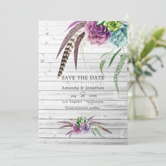 Save The Date Mariage bohème aux aquarelles mystiques de succule (Debout devant)