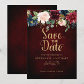 Save The Date Mariage Bohème Bourguignon Marsala Rose Blush (Devant / Derrière)