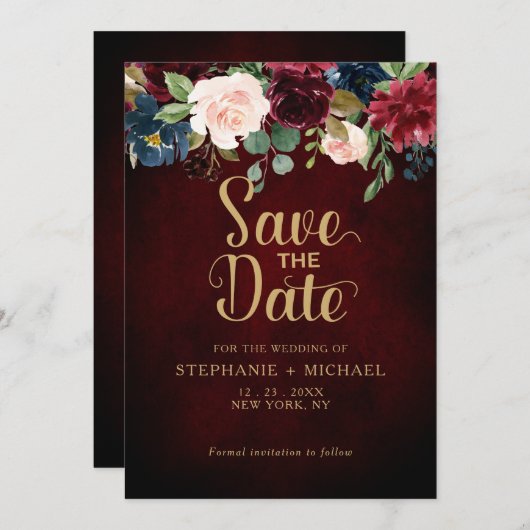 Save The Date Mariage Bohème Bourguignon Marsala Rose Rose Blush (Devant / Derrière)