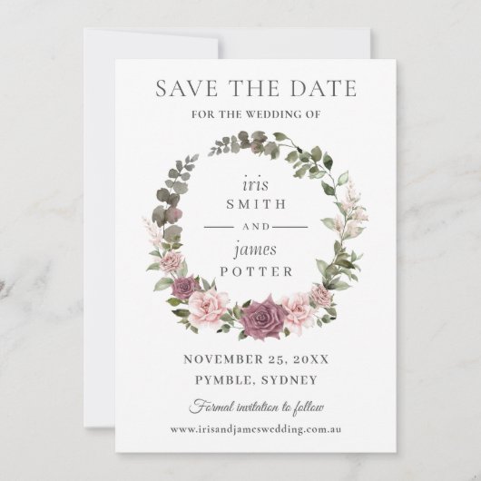 Save The Date Mariage bohème chic avec rose cinabre et verdure f (Devant)