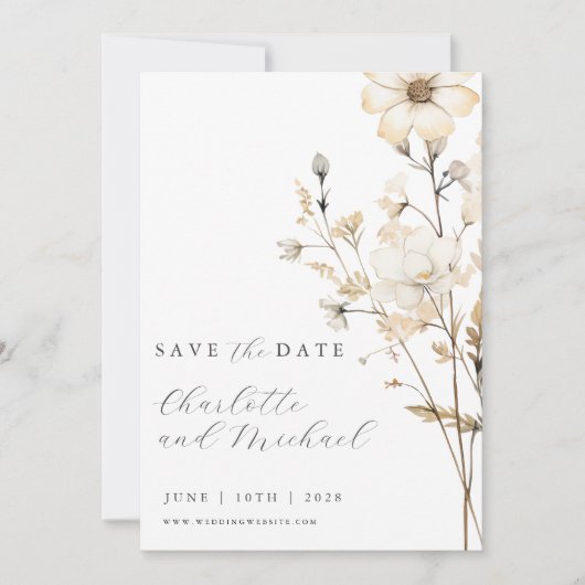 Save The Date Mariage Bohème Fleur de Champ | Ivoire  (Devant)