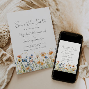 Save The Date Mariage Bohème Fleur Sauvage Orange Bleu