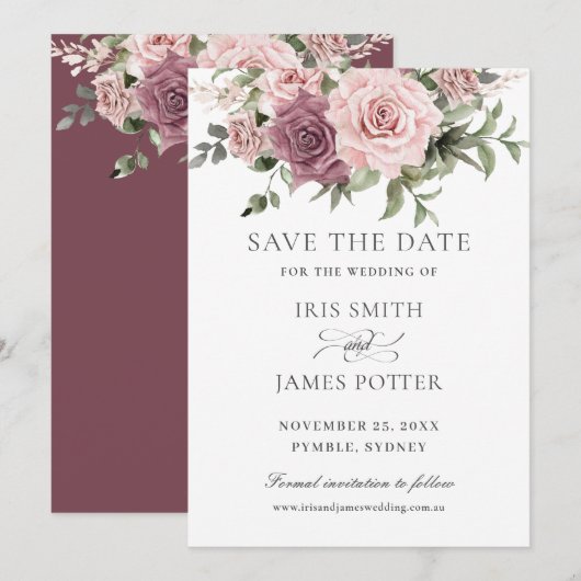 Save The Date Mariage Bohème Fleurie de Cinnamon Rose et de Verd (Devant / Derrière)
