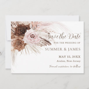 Save The Date Mariage Bohème Fleurs Roses Brun Rose Poussiéreux