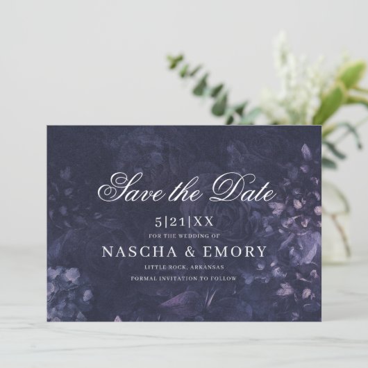 Save The Date Mariage Bohème Floral Élégant Gothique Foncé Viole (Debout devant)