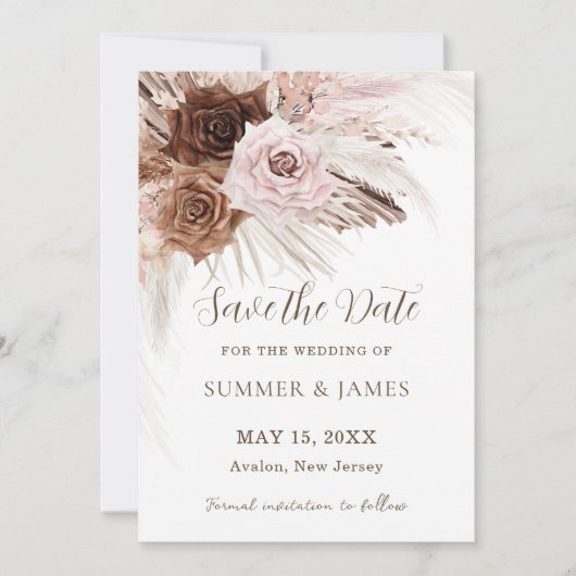 Save The Date Mariage Bohème Poussiéreux Rose Brun Floral Herbe  (Devant)